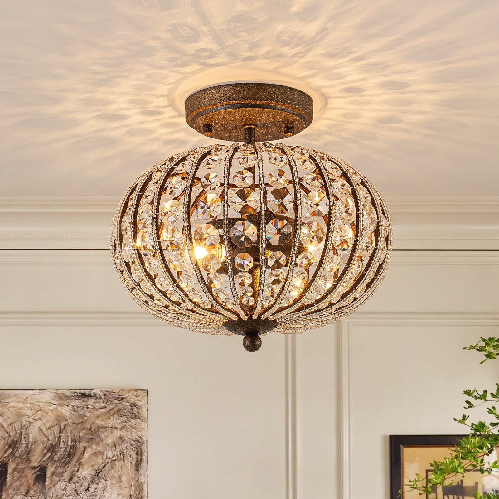 2-Light Rusty Bronze Oval Crystal Semi-flush Mount - 11.8 in