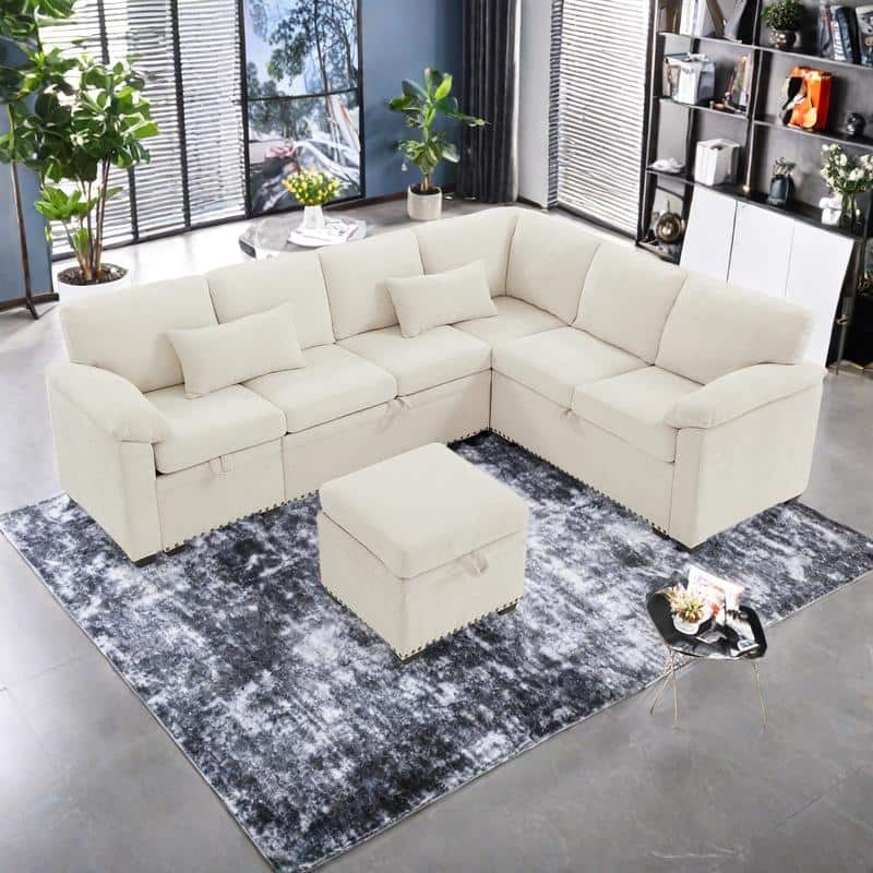 97" Chenille L-Shaped Sectional Sofa with Storage Ottoman, 7 Seats & 2 Pillows - Convertible Sleeper Sofa
