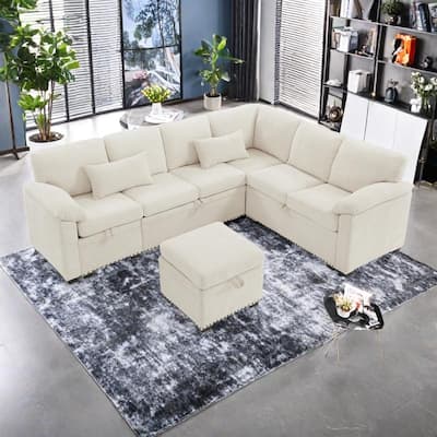 97" Chenille L-Shaped Sectional Sofa with Storage Ottoman, 7 Seats & 2 Pillows - Convertible Sleeper Sofa