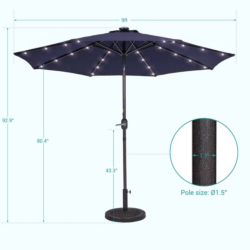 BONOSUKI 9ft Patio Solar Umbrella LED Patio Market Steel Tilt w/Crank
