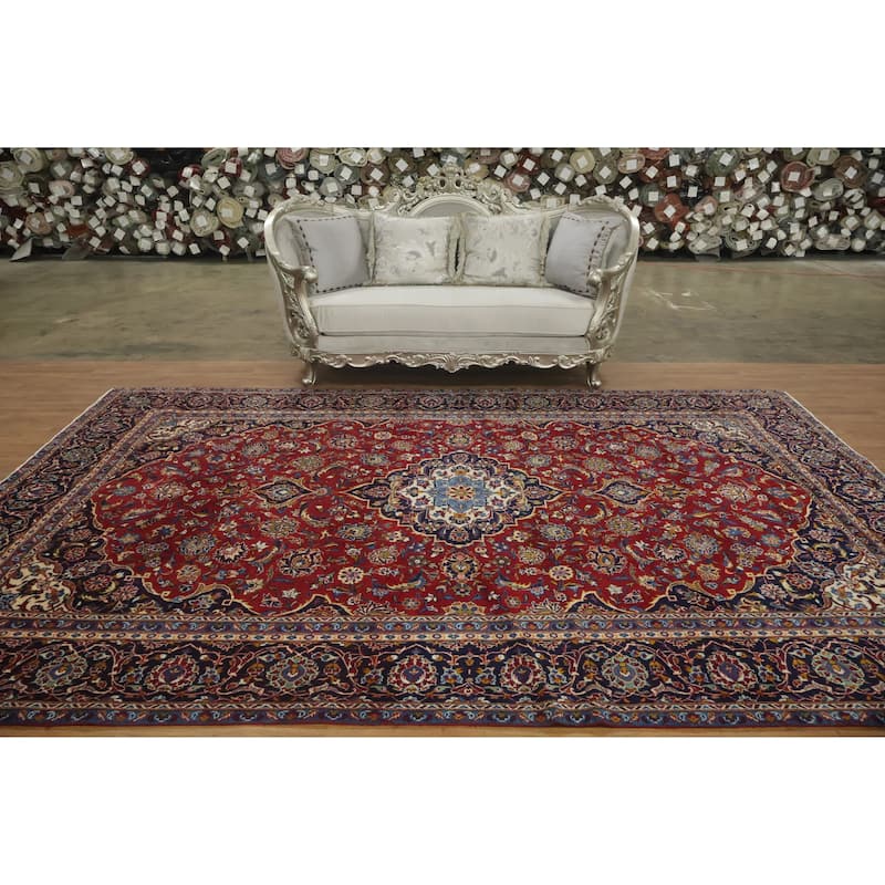 Hand Knotted Oriental 100% Wool Carpet Traditional Floral Red Kashan Area Rug - 12' 6'' X 8' 6''