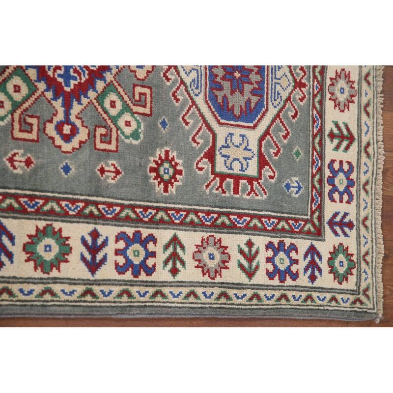 Hand Knotted Oriental 100% Wool Carpet Traditional Geometric Green Kazak Area Rug - 6' 3'' X 2' 9''