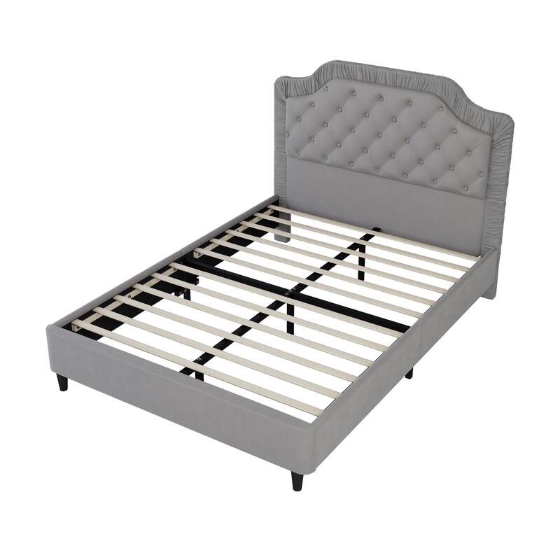 Full/Queen/King Size Upholstered Platform Bed Velvet Fabric Bed with Ruched and Button Tufted Headboard, Solid Wood Bedframe