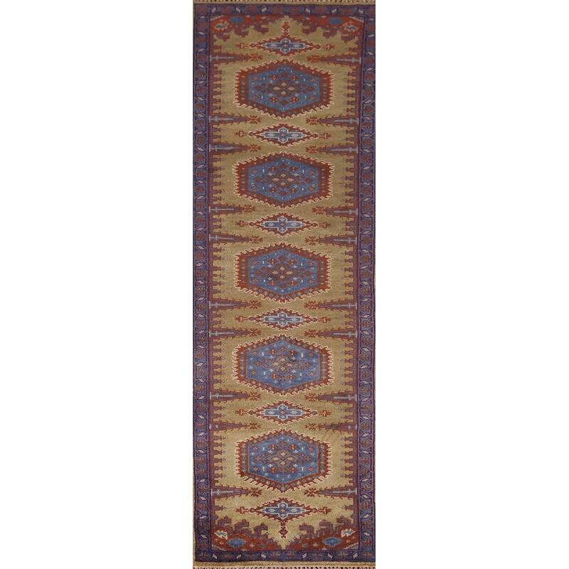 Geometric Green Viss Oriental Runner Rug Handmade Wool Carpet - 2'6"x 9'8"