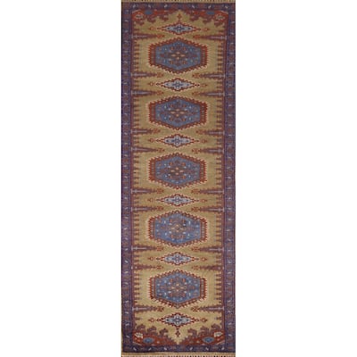 Geometric Green Viss Oriental Runner Rug Handmade Wool Carpet - 2'6"x 9'8"