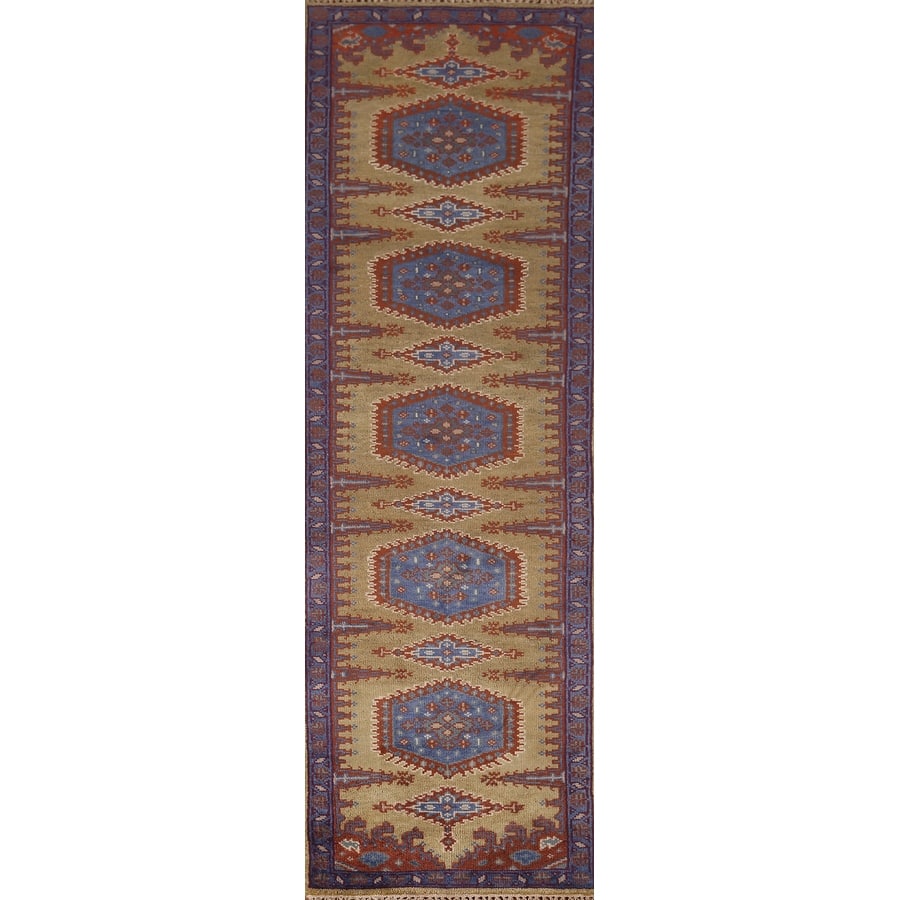 Geometric Green Viss Oriental Runner Rug Handmade Wool Carpet - 2'6"x 9'8"