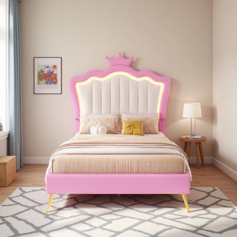 Modern Twin Upholstered Princess Bed with Crown-Shaped Headboard, LED Lighting, Pink & White Frame, Sturdy Quiet Design - Twin Pink+White - Twin