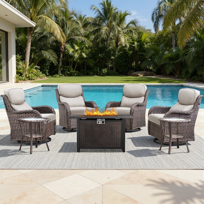 Meyreso 7-Piece Outdoor Patio Wicker Fire Pit 4 person Conversation Set with 5-Inch Thick Cushions