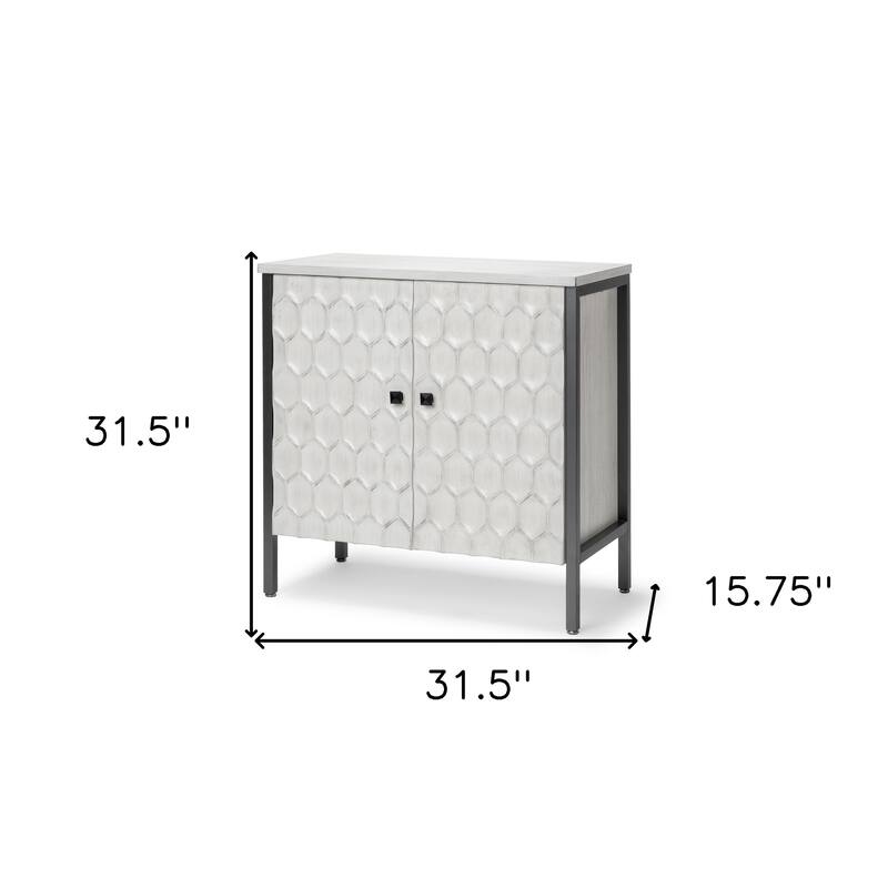 HomeRoots 32" White and Gray Wood and Metal Carved Geometric Accent Cabinet With Two Doors