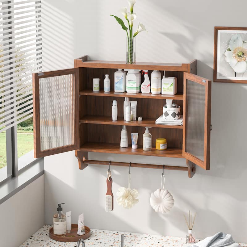 Vintage Style Glass Door Wall Cabinet with Three Tiers of Storage and Towel Racks