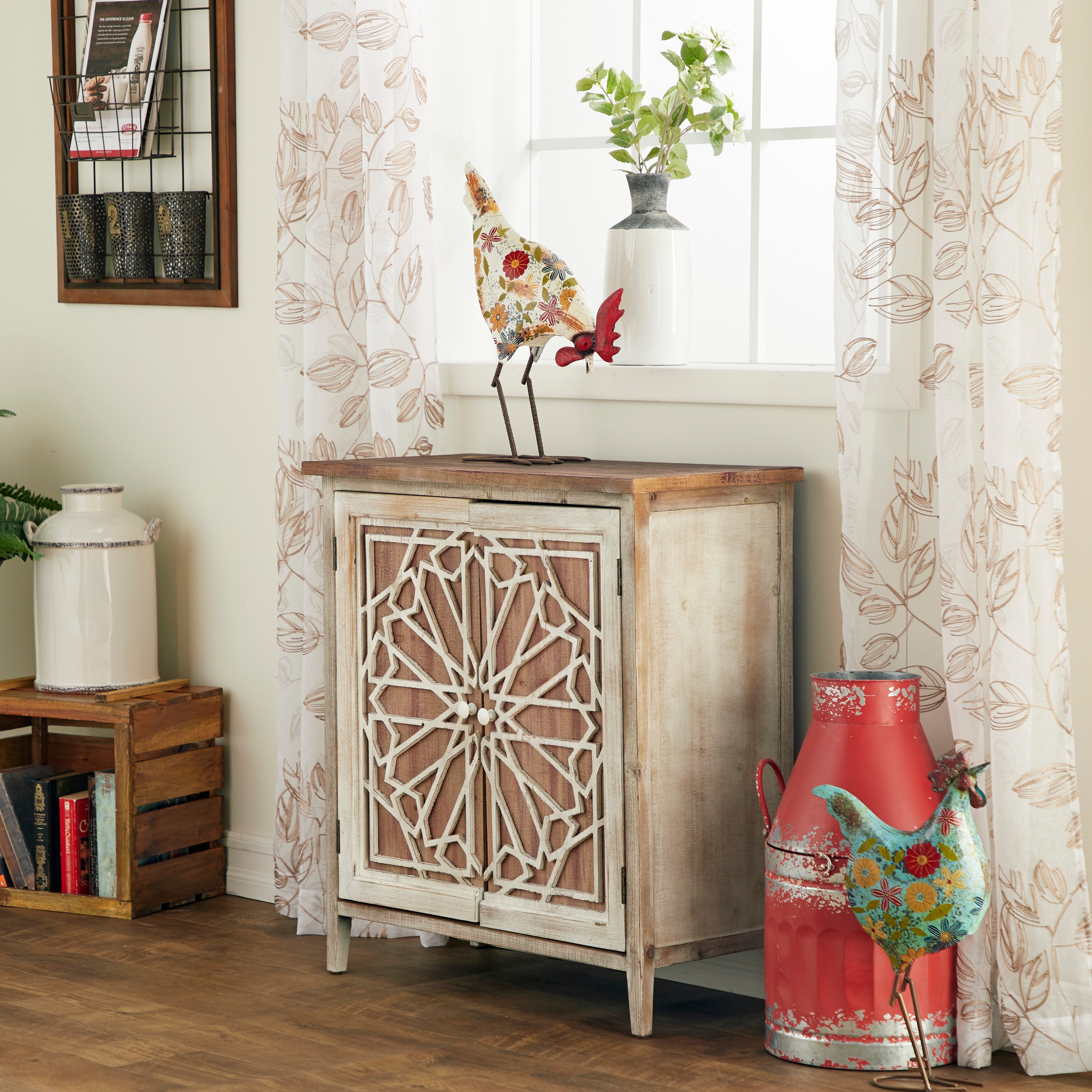 Brown Wood Farmhouse Cabinet with Carved Relief Overlay - 14W x