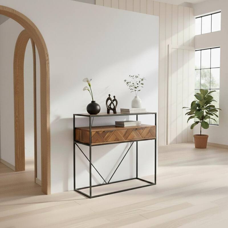 Vintage Industrial Dark Brown Wood Console Table