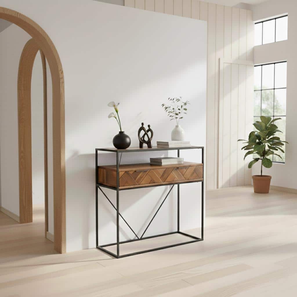 Vintage Industrial Dark Brown Wood Console Table