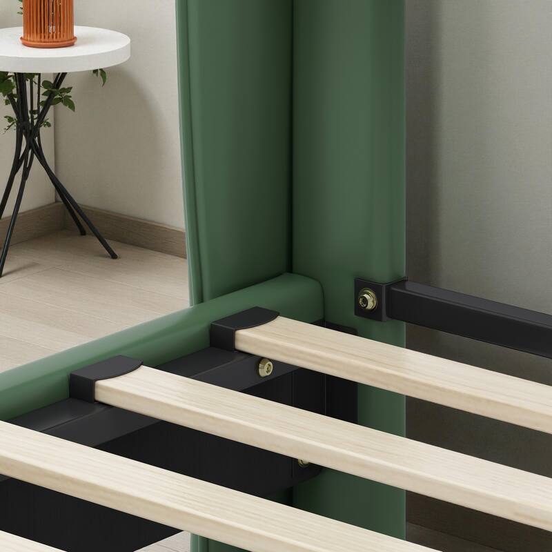 Queen/King PU Leather Upholstered Platform Bed with Wingback Headboard & Footboard, Gold Metal Accents and Wooden Slats