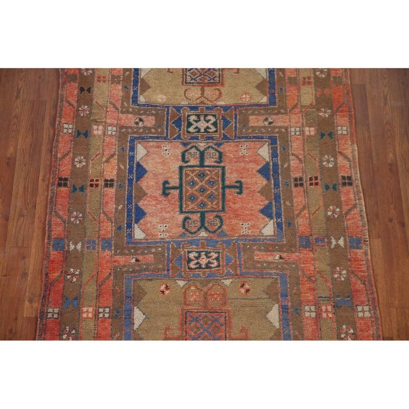 Geometric Ardebil Persian Vintage Runner Rug Hand-knotted Wool Carpet - 3'6" x 10'0"