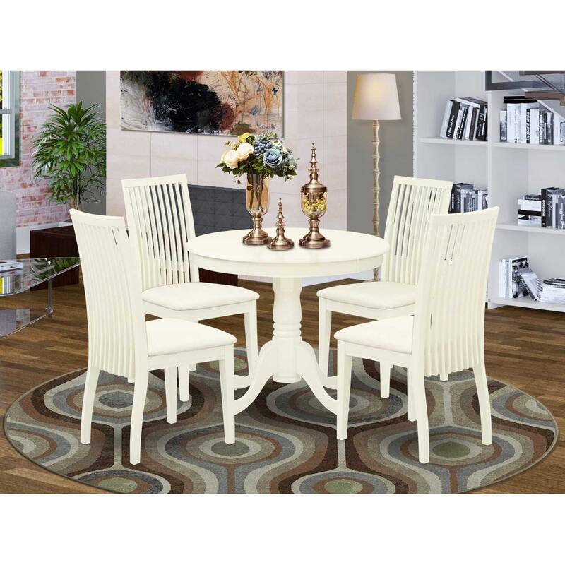 HomeStock 5-Piece Round Linen White Finish Solid Wood Top Dining table with 4 Chairs with Lattice Back