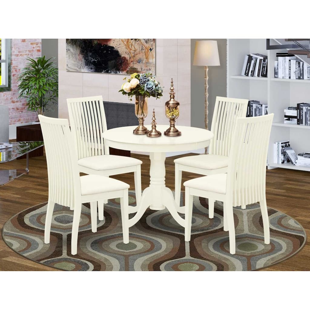 HomeStock 5-Piece Round Linen White Finish Solid Wood Top Dining table with 4 Chairs with Lattice Back
