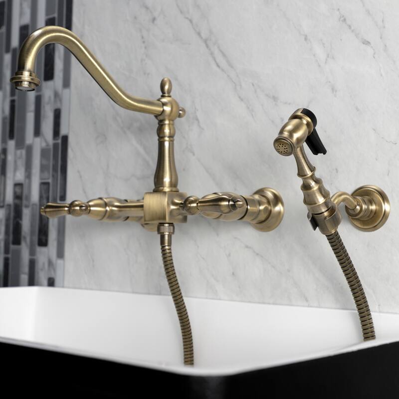 Heritage Two-Handle Wall Mount Bridge Kitchen Faucet with Brass Sprayer