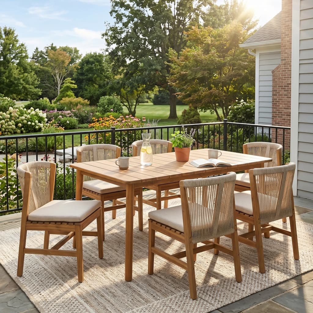 Christopher Knight Home - 7-Piece Outdoor Dining Set Solid Wood with Rope Woven Chairs and Beige Cushions