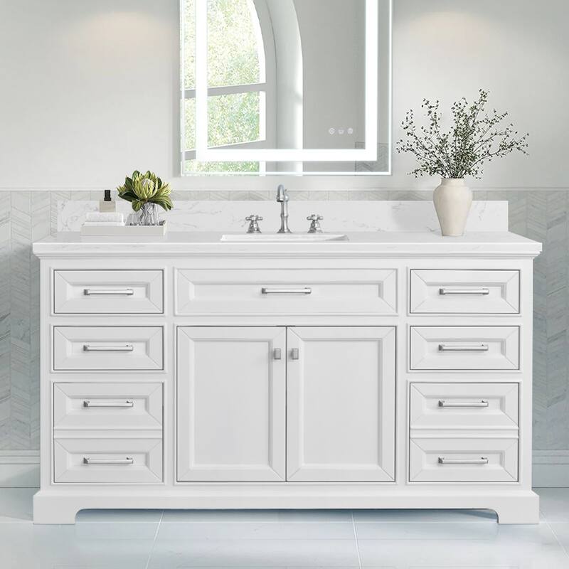 AstralLight 60 in. Single Sink Freestanding White Bath Vanity with White Quartz Stone Top