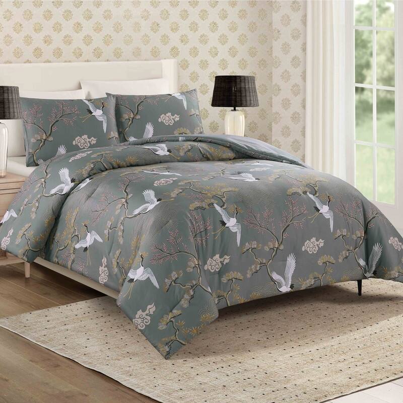 Cranes 3-Piece Cotton Sateen Reversible Comforter Set - Full - Queen