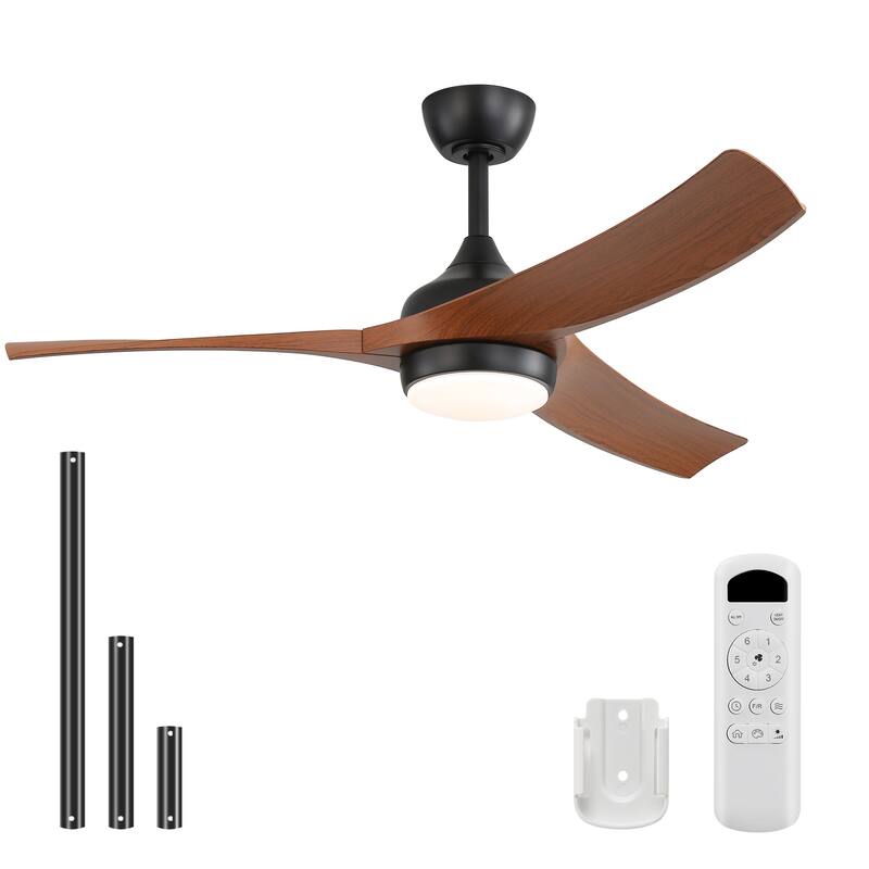 52 Inch Black Ceiling Fan with 3 Dark Wood Grain ABS Blades Remote Control Reversible Motor Dimmable Light - Black