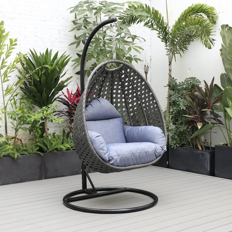 LeisureMod Charcoal Single Seater Rattan Wicker Egg Swing Hanging Chair for Indoor Outdoor Patio Porch Backyard Garden