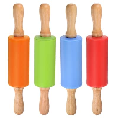 Silicone Rolling Pins for Baking Wood Handle 23.5cm x 4.2cm 4 Colors - Green & Orange & Blue & Red