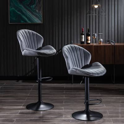 2 Pc Velvet Adjustable Bar Stools Ergonomic Dining Chair with Footrest