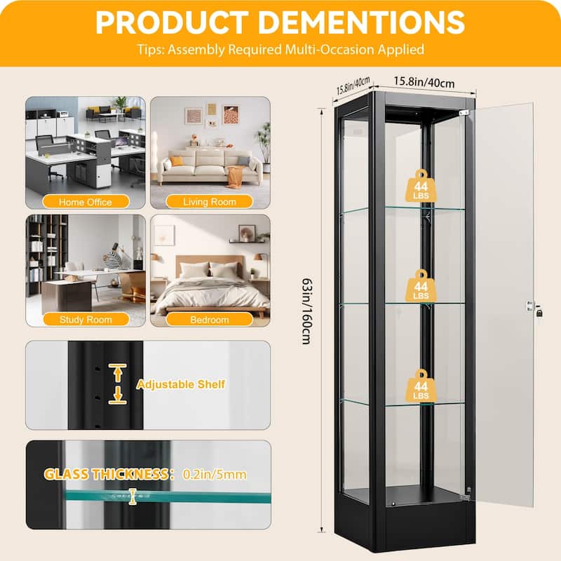 4-shelf Glass Curio Display Cabinet with Doors, RGB Light & Adjustable Storage Shelves - 63"H x 15.8"W x 15.8"D