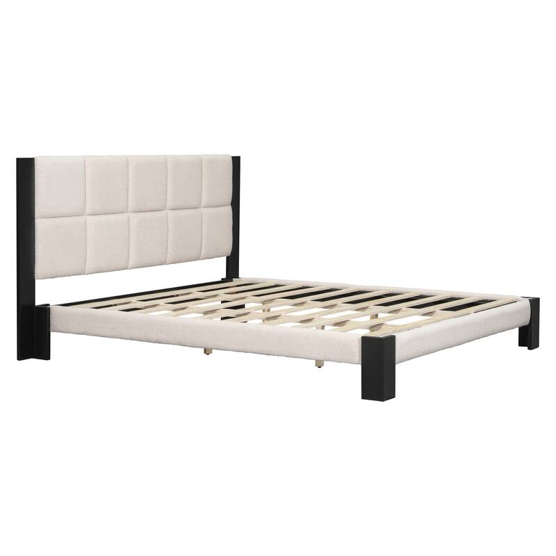 Roomfitters King Boucle Upholstered Bed Frame, Modern Platform Base with Square Tufted Headboard and Slats, Beige and Black