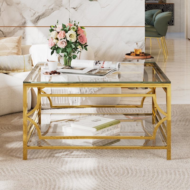 Square Glass Coffee Table in 33.5",Luxurious Geometric Metal Frame,Gold Finish & Lower Shelf