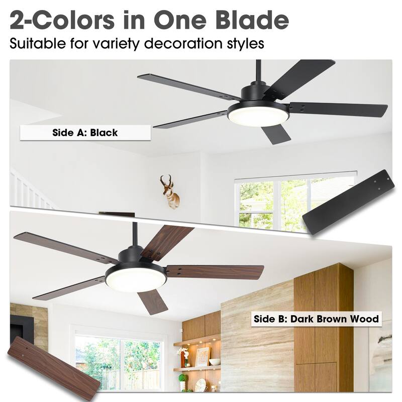52" Black Reversible 5-Blade Intergrated LED Ceiling Fan with Light and Remote