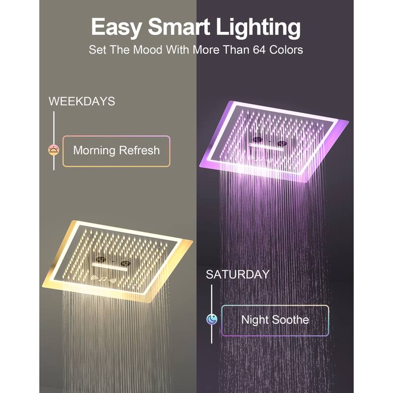 GRANDJOY Shower Faucet System 16 inch Ceiling Mount Shower Head 3 Spray Modes Handheld Spray with Slide Bar LED Music