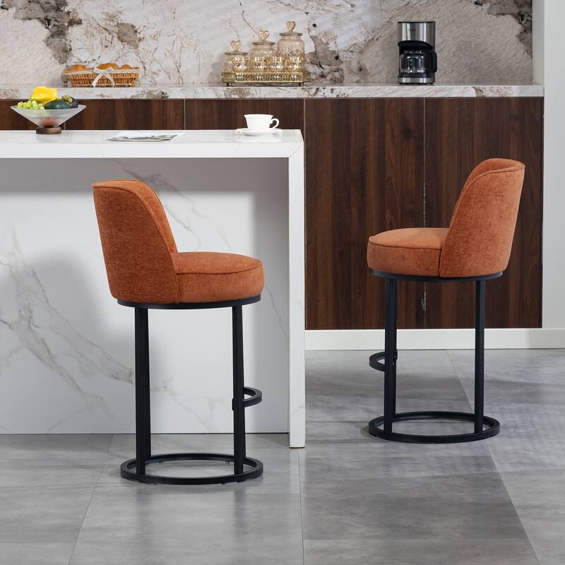 Counter Height Bar Stools Set of 2, Modern Barrel Counter Stools with Backrest, Linen Fabric Upholstered Accent Bar Stools