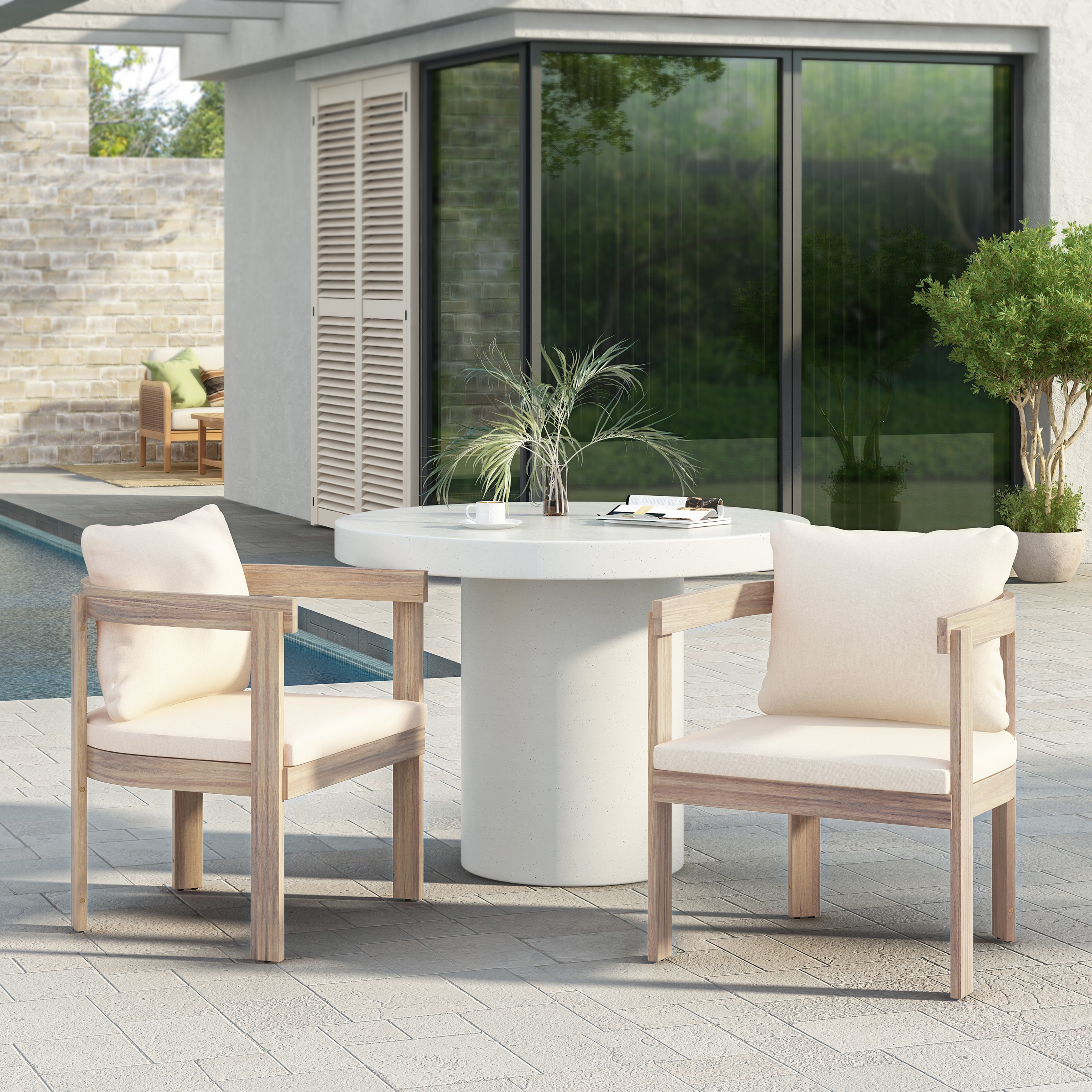 Wood Dining Chairs Set of 2 Armchairs with Cushions, Cream Light White Outdoor Accent Chair Kitchen Side Chair