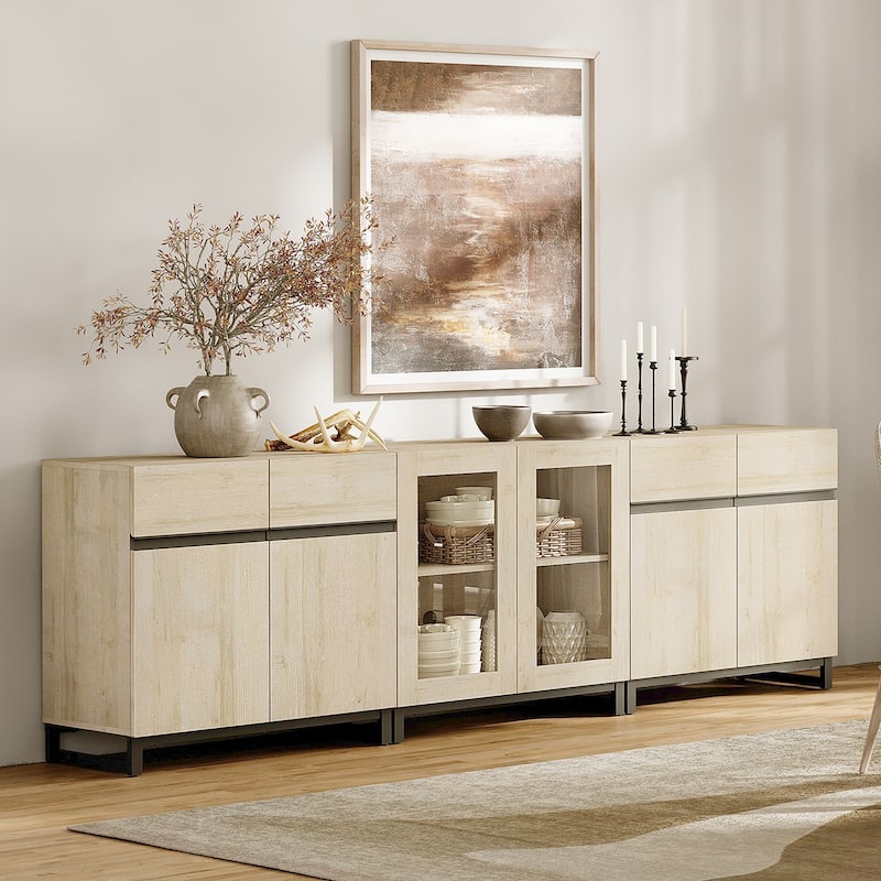 WAMPAT Modern Sideboard with Adjustable Shelves, 3 in 1 Storage Cabinet with Glass Doors, Coffee Bar Cabinet for Kitchen - 94.5 inches - Beige