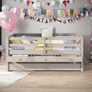 Modern Twin Size Low Loft Bed With Full Safety Fence,Climbing Ladder,Storage Drawers and Trundle