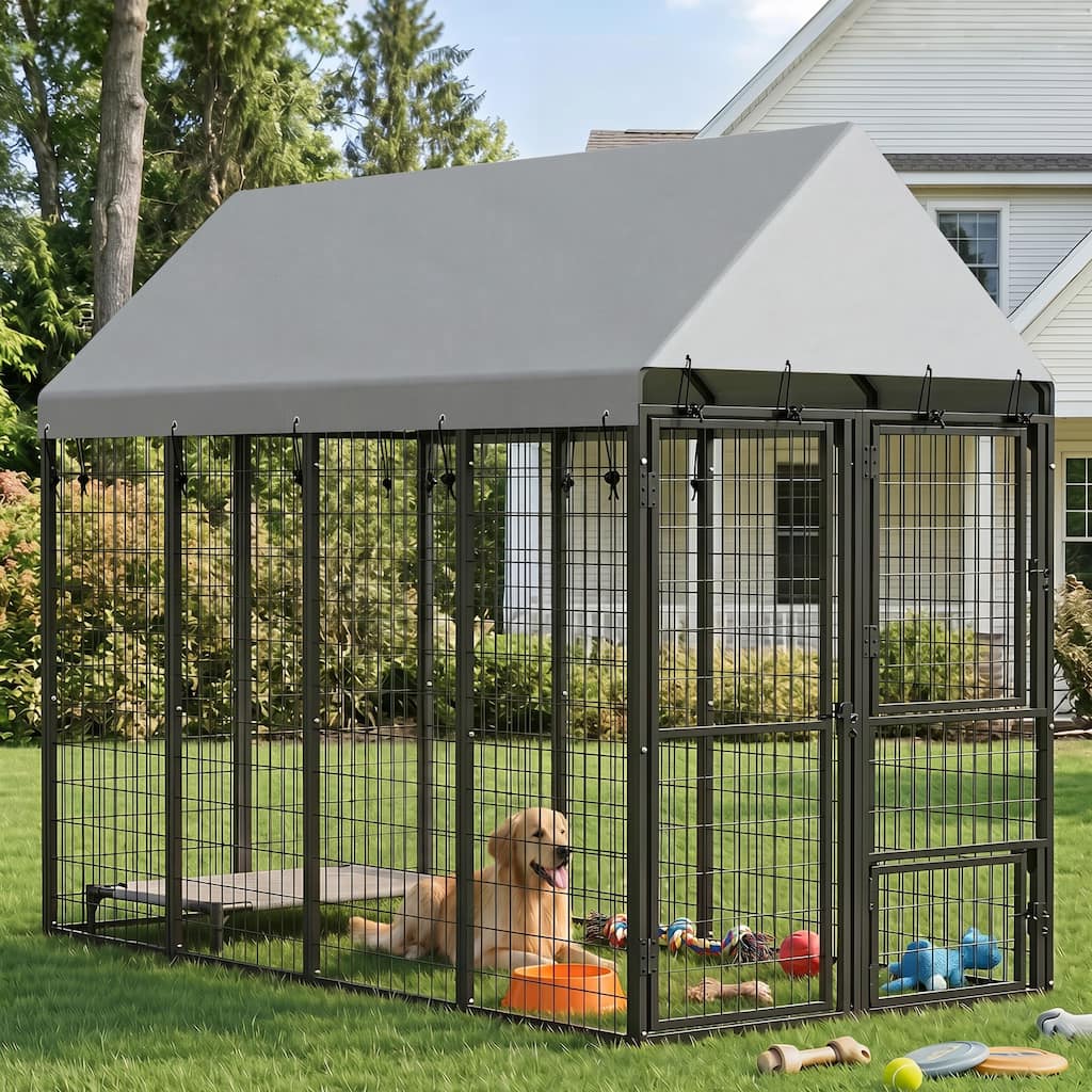 PawHut Outdoor Dog Kennel with Roof, 3 Doors, Heavy Duty Run Enclosure, Secure Lock, 8' x 4' x 6'