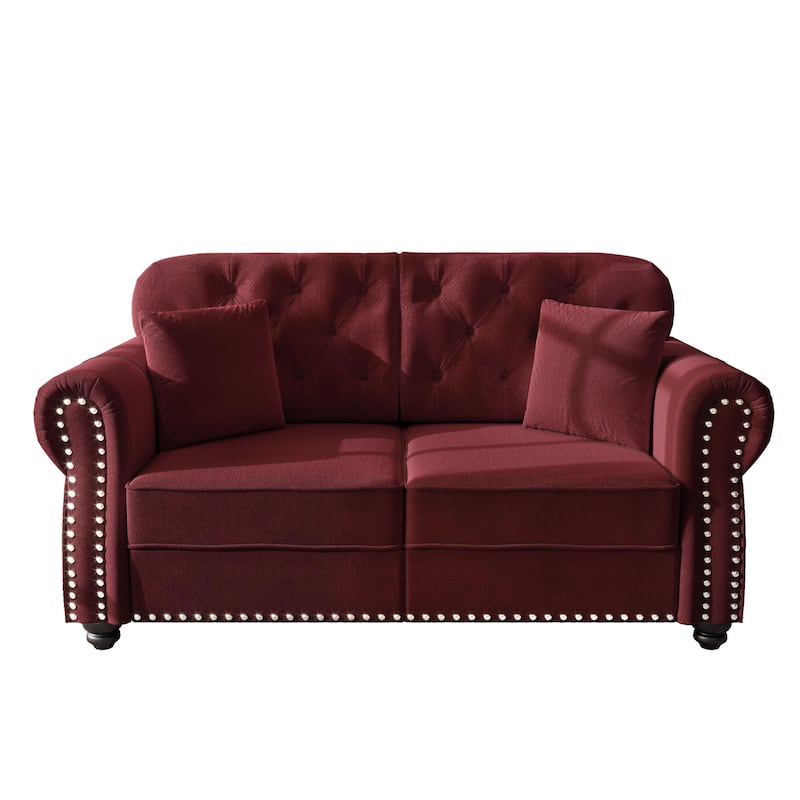 Mid Century Modern Couch, Velvet Chesterfield Sofa Button Tufted Oversized Loveseat Sofa with Nailhead Trim & Roll Armrests