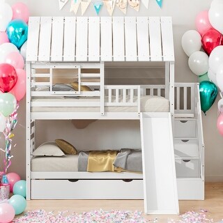 Twin over Twin House Bunk Bed with Trundle and Slide, White
