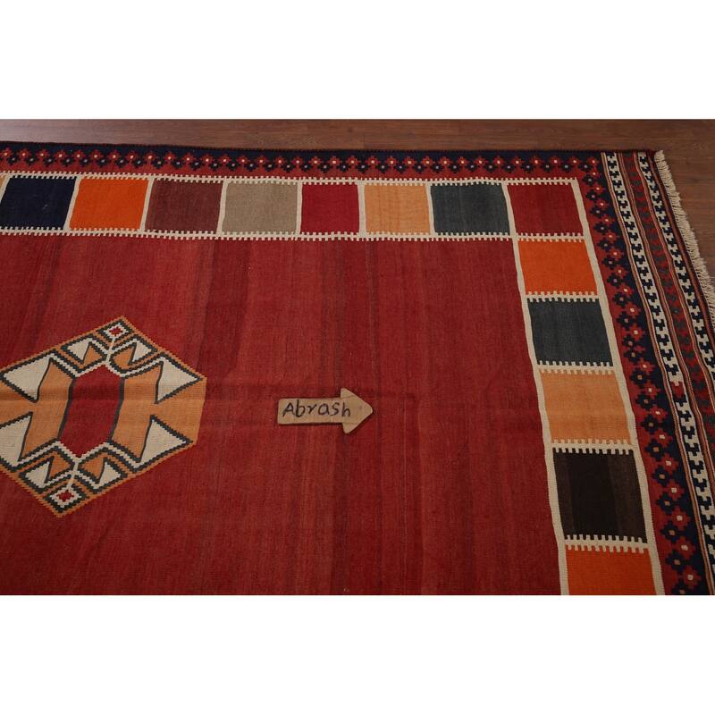 Vegetable Dye Kilim Qashqai Persian Vintage Flatweave Red Wool Carpet - 4'11"x 8'7"