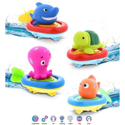 DolliBu Sea Life Boat Racers Bundle Set of 4 - Bath Toy Pull & Go - Multicolor - 3x2.25x1.75 inches.