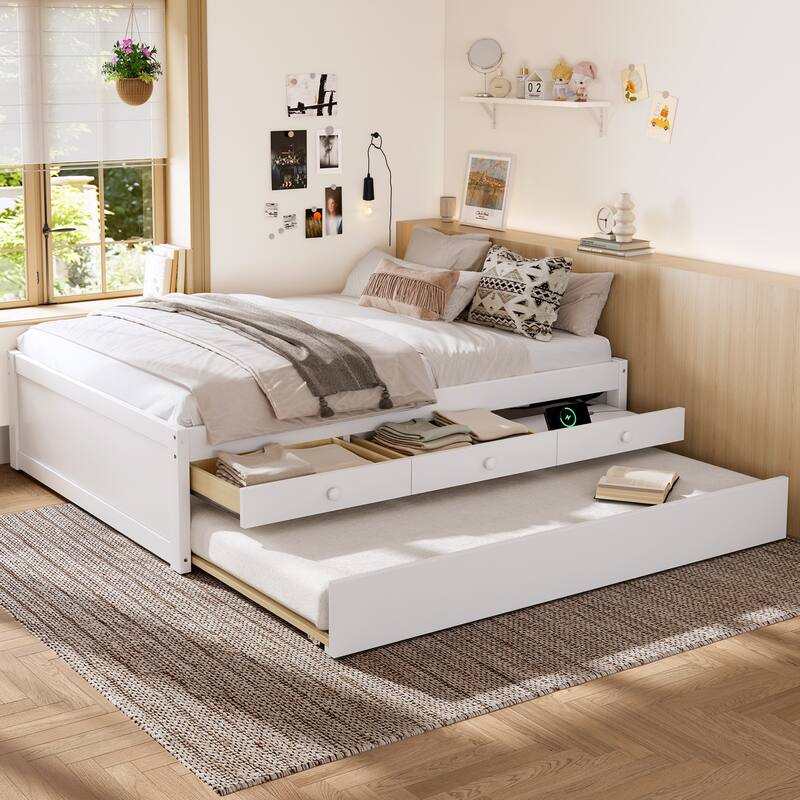 Platform Bed with Pull-out Trundle and Dual Storage Drawers, Built-in Power Strip, Wooden Bed Frame, No Box Spring Needed