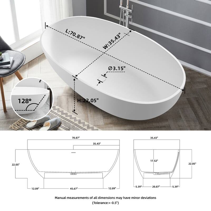 71 in. Freestanding Solid Surface Bathtub in Matte White, Luxury Deep Soaking Tub with Center Drain