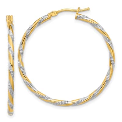 Curata 14k Yellow Gold White Rhodium Polished Diamond cut Hoop Earrings - 34.9x35.2mm
