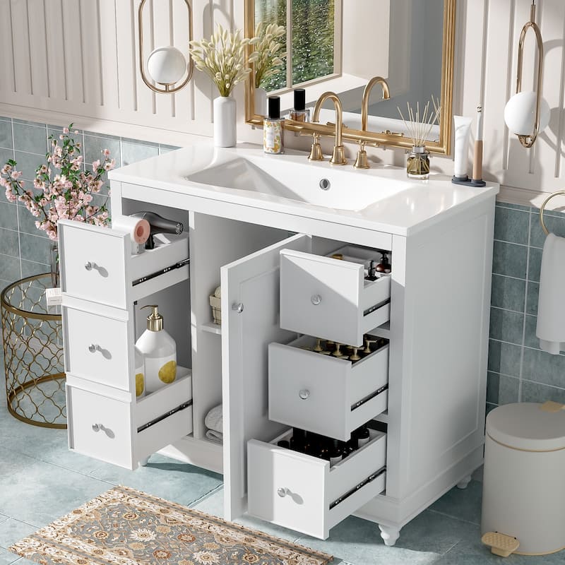 Bathroom Vanity With Ceramic Sink Combo , 4 Drawers And 1 Door, Versatile Storage, Adjustable Shelf, Solid Wood Frame - White