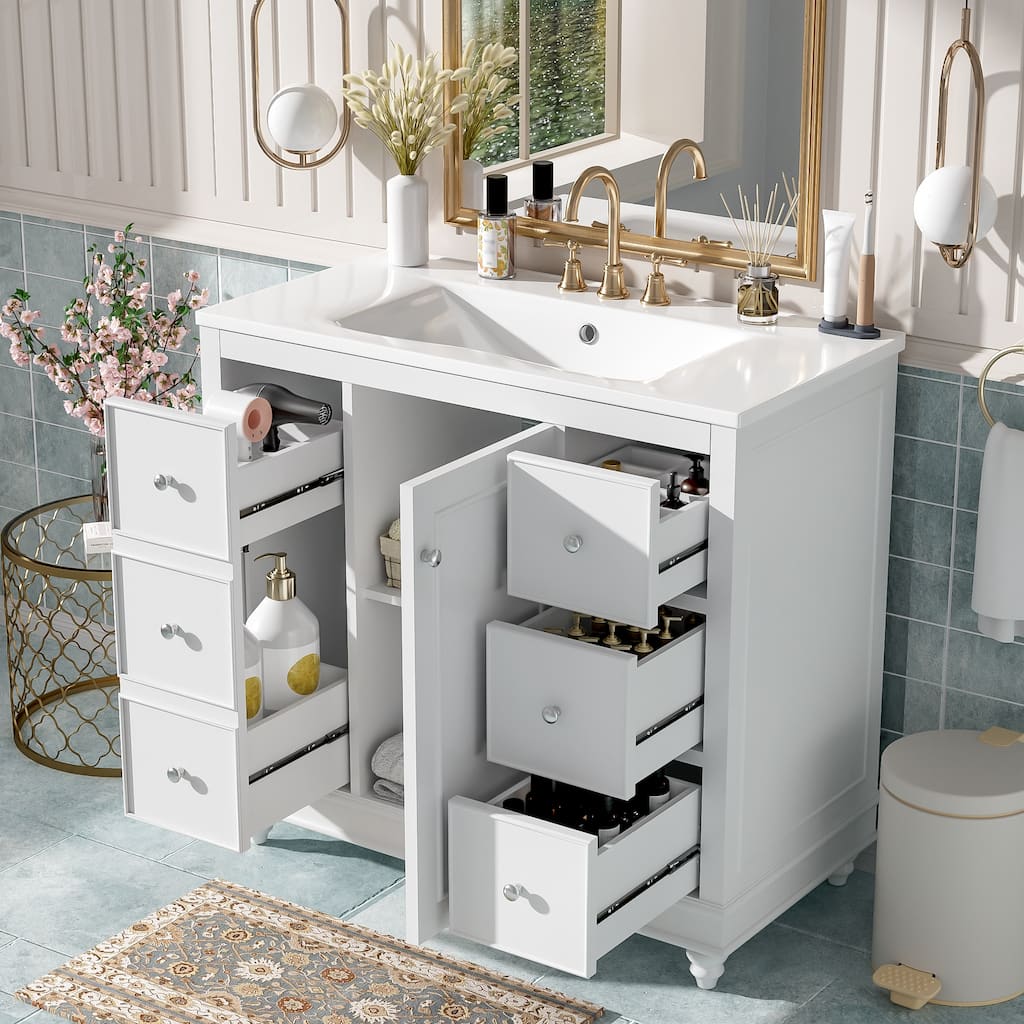 Bathroom Vanity With Ceramic Sink Combo , 4 Drawers And 1 Door, Versatile Storage, Adjustable Shelf, Solid Wood Frame