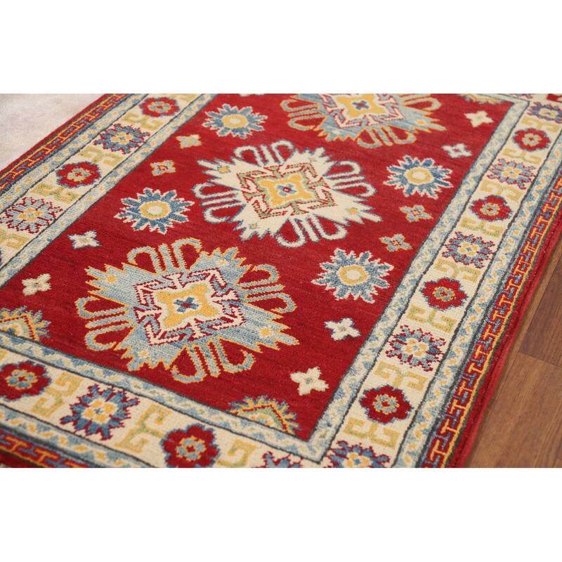 Geometric Red Kazak Oriental Foyer Rug Hand-Knotted Wool Carpet - 2'7" x 4'1"