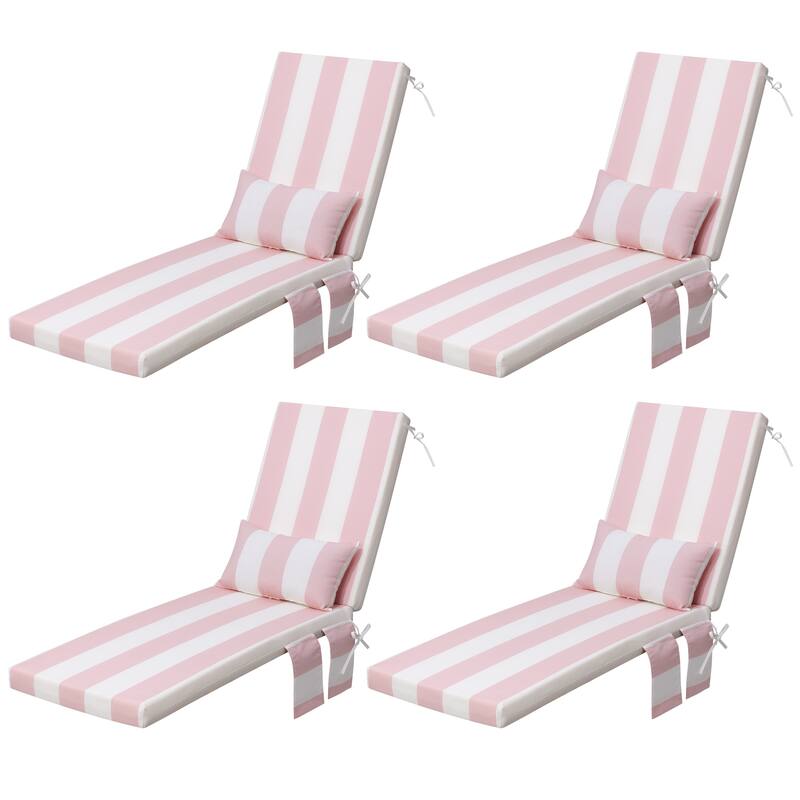 Outdoor Patio Chaise Lounge Chair Seat Cushions with Pillow - Pink&White - 4PC - 72 inches long